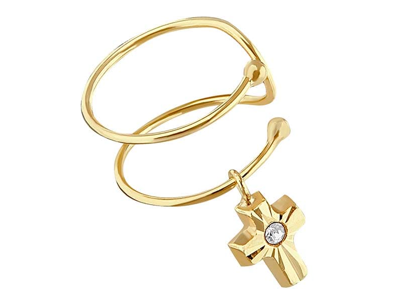 Earcuff Doble Alambre Cruz Circonia / Double Wire Earcuff With Cross With Cz - Troquelado / Stamping - Diamantado / Diamond Cut - Circonia / Zirconia - Religiosos / Religious