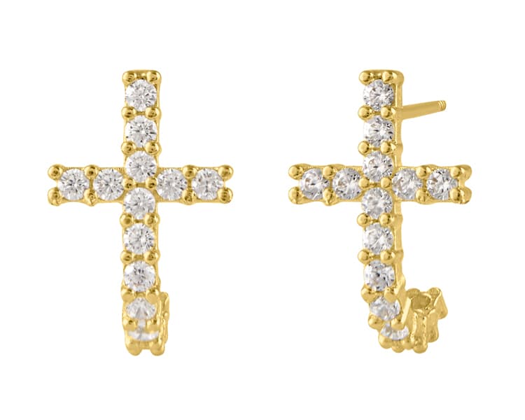 Arracada en J cruz / J-hook earring with cross - Vaciado / Casting - Pulido / High Polish - Circonia  / Zirconia  - Religiosos / Religious