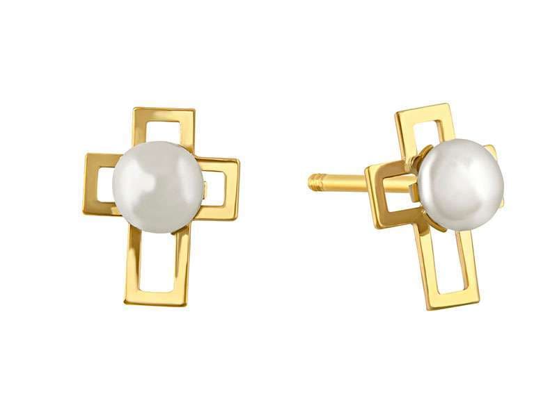 Cruz con Perla / Diamond Cut Cross with Pearl - Láser / Laser - Pulido / High Polish - Perla / Pearl  - Religiosos / Religious