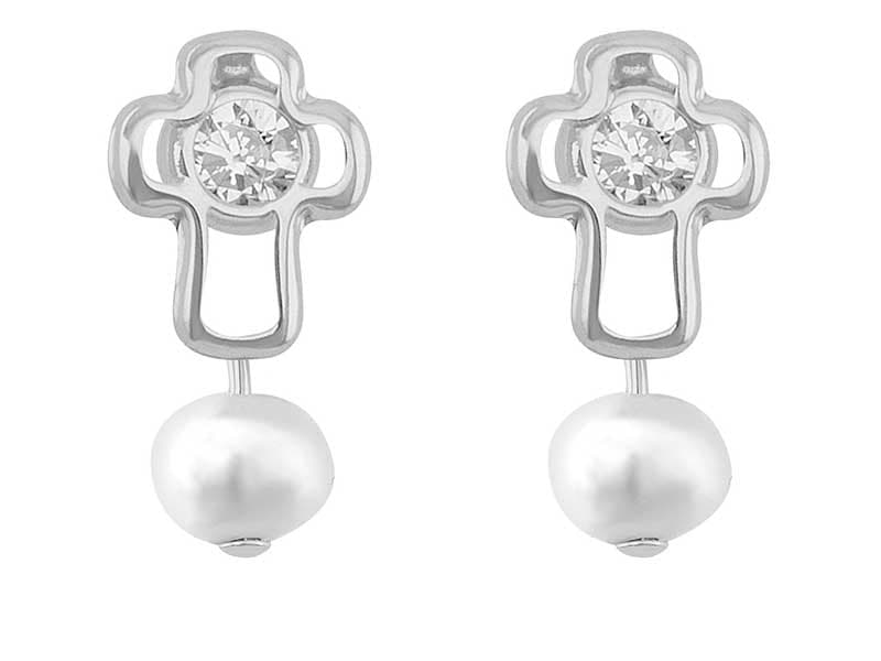 Cruz Bisel con Perla Bco / Cross White Bezel with Pearl - Troquelado / Stamping - Pulido / High Polish - Perla / Circonia / Pearl / Zirconia - Religiosos / Religious