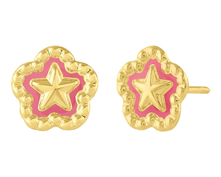 Flor estrella en bisel bolita esmaltado rosa / Star flower in bezel with ball, pink enameled - Troquelado / Stamping - Esmaltado / Enamel - N/A / N/A - Flores / Flowers
