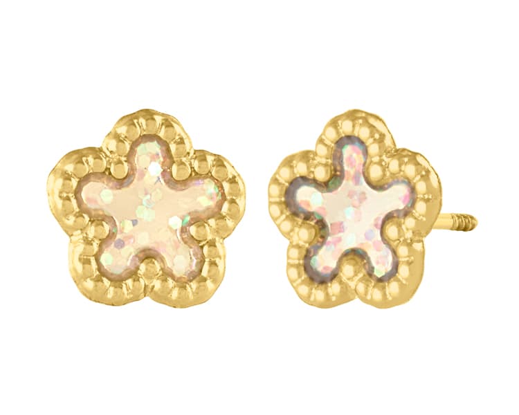 Flor sencilla en bisel bolitas esmaltado tornasol / Simple flower in bezel with balls, iridescent enamel - Troquelado / Stamping - Esmaltado / Enamel - N/A / N/A - Flores / Flowers